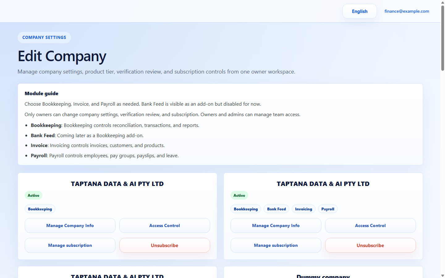 Open Company settings screenshot