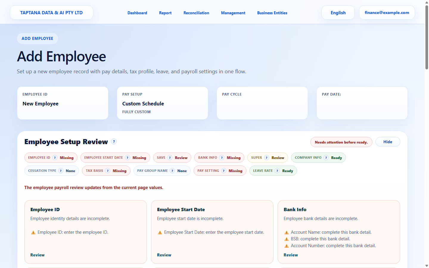 Open employee pay-item area screenshot